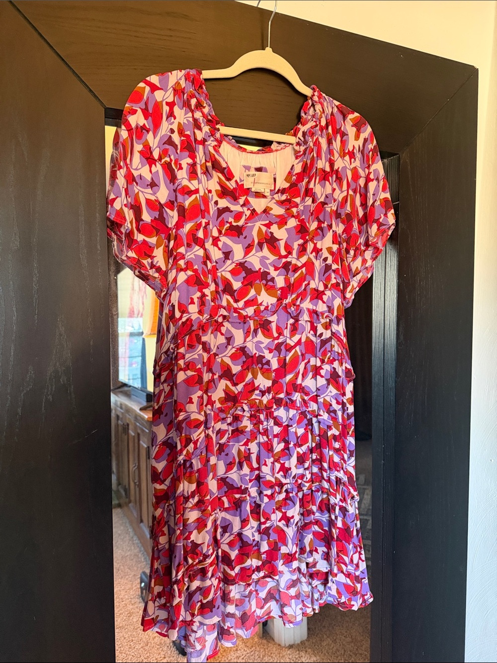 Anthropologie Pink and Red Floral Midi Dress
